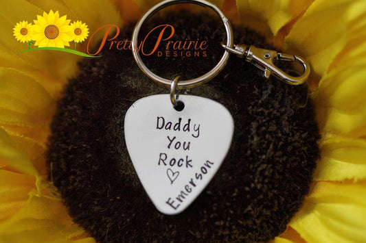 Daddy You Rock Guitar Pick Keychain, Fathers Day Gift, Music Keychain, Personalized Keychain, Guitar Lover, Music Lover, Gift from Kids