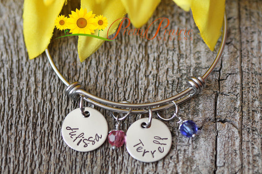 Personalized Birthstone Bangle, Family Charm Bracelet, Hand Stamped Discs, Gift for Mothers or Grandmothers, Anniversary, Daughter Present