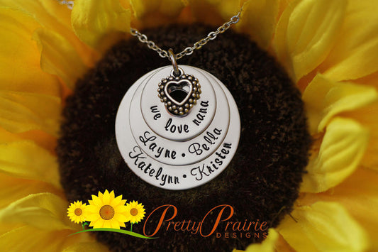 We Love You Necklace, Family Name Necklace, Stack Washer Necklace, Personalized, Name Jewelry, Gift For Grandmother or Mom, Layered Necklace