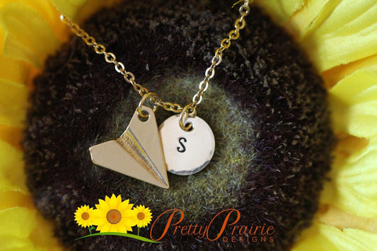 Personalized Gold Paper Plane Necklace, Pilot Necklace, Flight Attendant Jewelry, Initial Plane Necklace, Origami Plane Charm, Traveler Gift