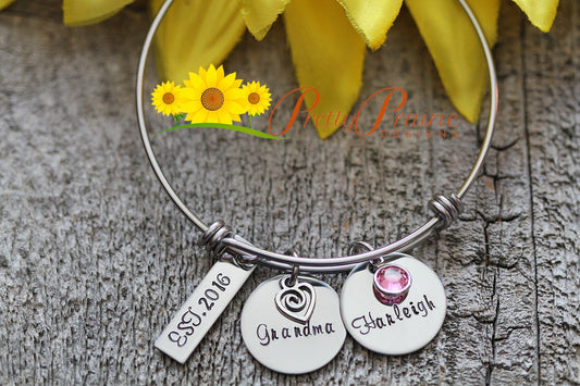 Est. Grandma Bangle, Nana Personalized Bracelet, Gift for Grandmother, Hand Stamped, Adjustable Bangle, New Baby Gift, New Grandma Gift