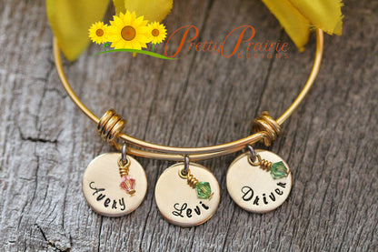 Gold Personalized Bangle, Mother's Brass Charm Bracelet, Expandable, Hand Stamped, Gift for a New Mom, Grandmother Gift, Birthstone Bracelet