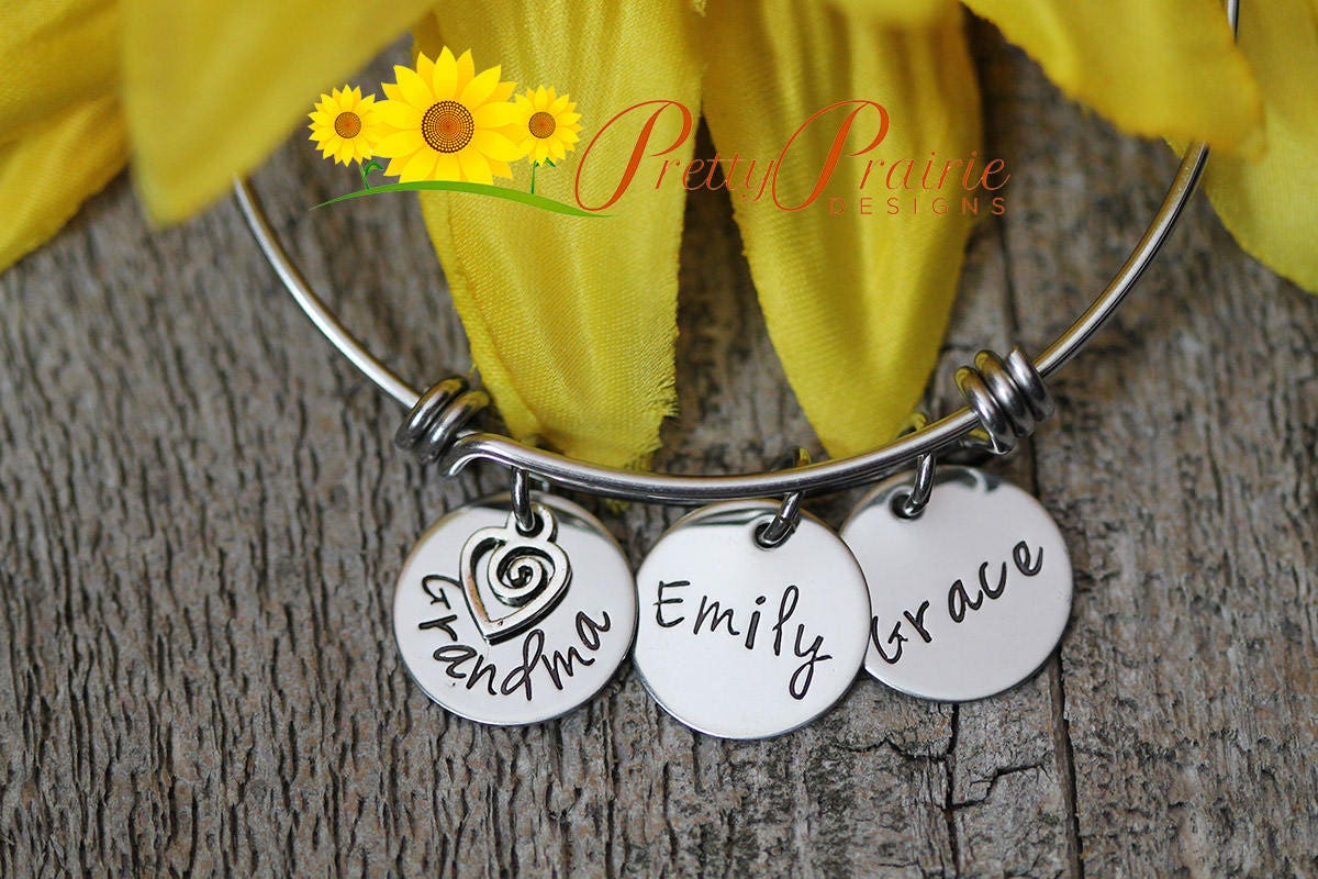 Grandmother Bangle, Hand Stamped, Personalized, Silver Bangle Bracelet, Grandchildren Names, Initials, Heart Charm, New Grandmother Gift