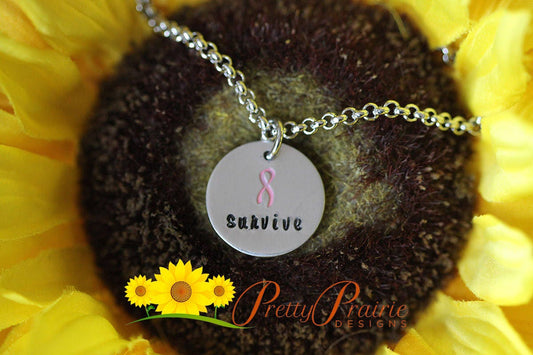 Cancer Survivor Necklace, Breast Cancer Awareness, Cancer Ribbon Necklace, Hand Stamped, Custom Necklace, Breast Cancer Jewelry, Pink Ribbon