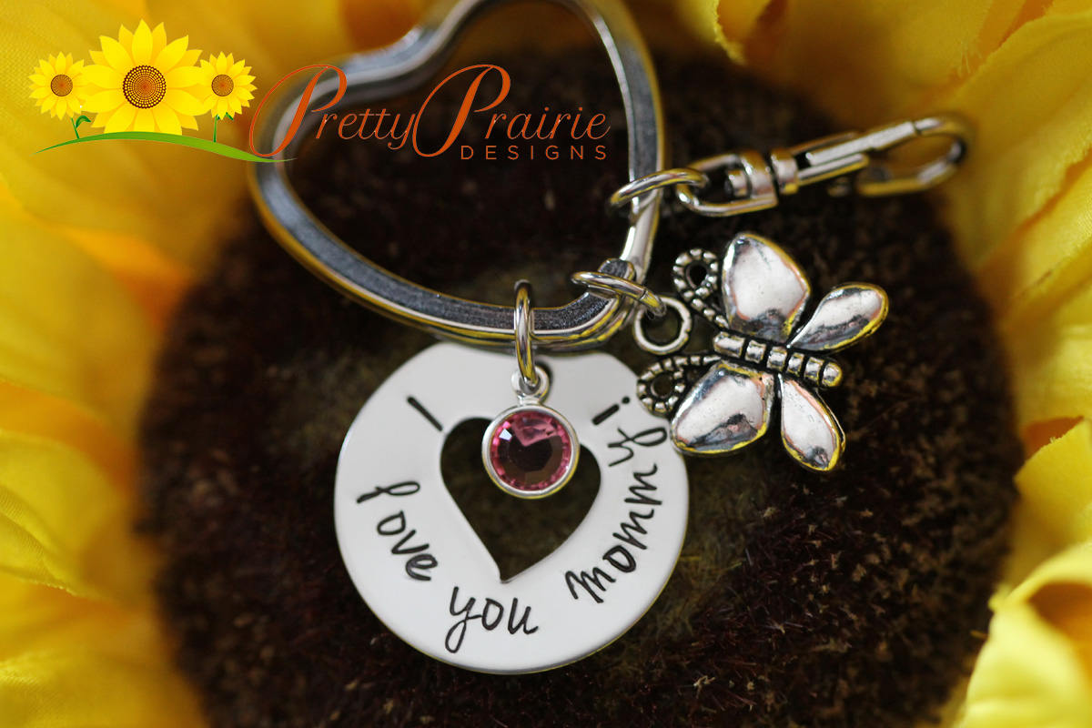 I Love You Mommy - Keychain from Child to Mother - Mom Present - Butterfly Keychain with Birthstone - Mom Heart Keyring - Custom Stamped