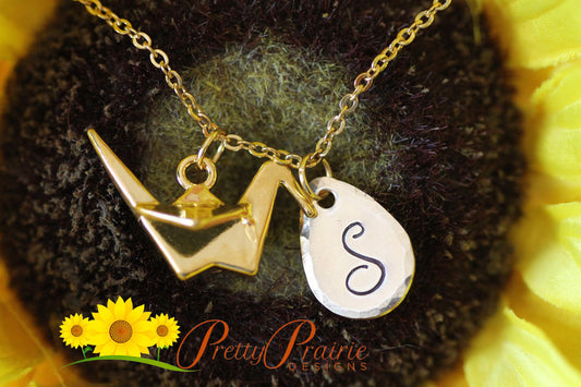 Large Paper Crane Necklace, Gold Crane Jewelry, Origami Paper Crane, Gold Crane Initial Necklace, Friendship Gift, Personalized Crane Gift