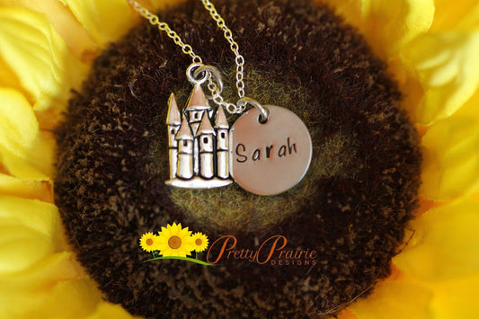 Personalized Castle Necklace, Castle Charm, Little Girls Gift, Princess Jewelry, Fairy Tale Necklace, Happily Ever After Gift, Daughter Gift