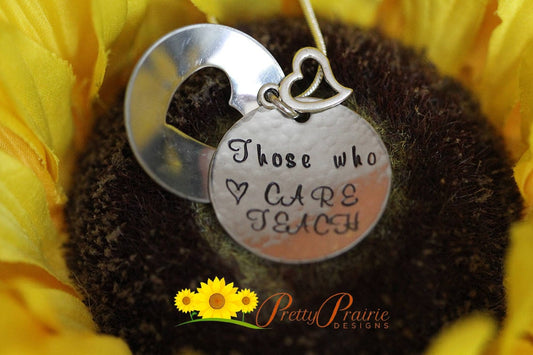 Those Who Care Teach Clam Shell Necklace, Teacher Appreciation Gift, Hand Stamped, Student Teacher Present, Hidden Message Necklace
