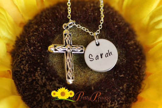 Personalized Large Cross Necklace, Confirmation Gift, Faith Necklace, Religious Jewelry, Hand Stamped, Godmother or Godfather Gift