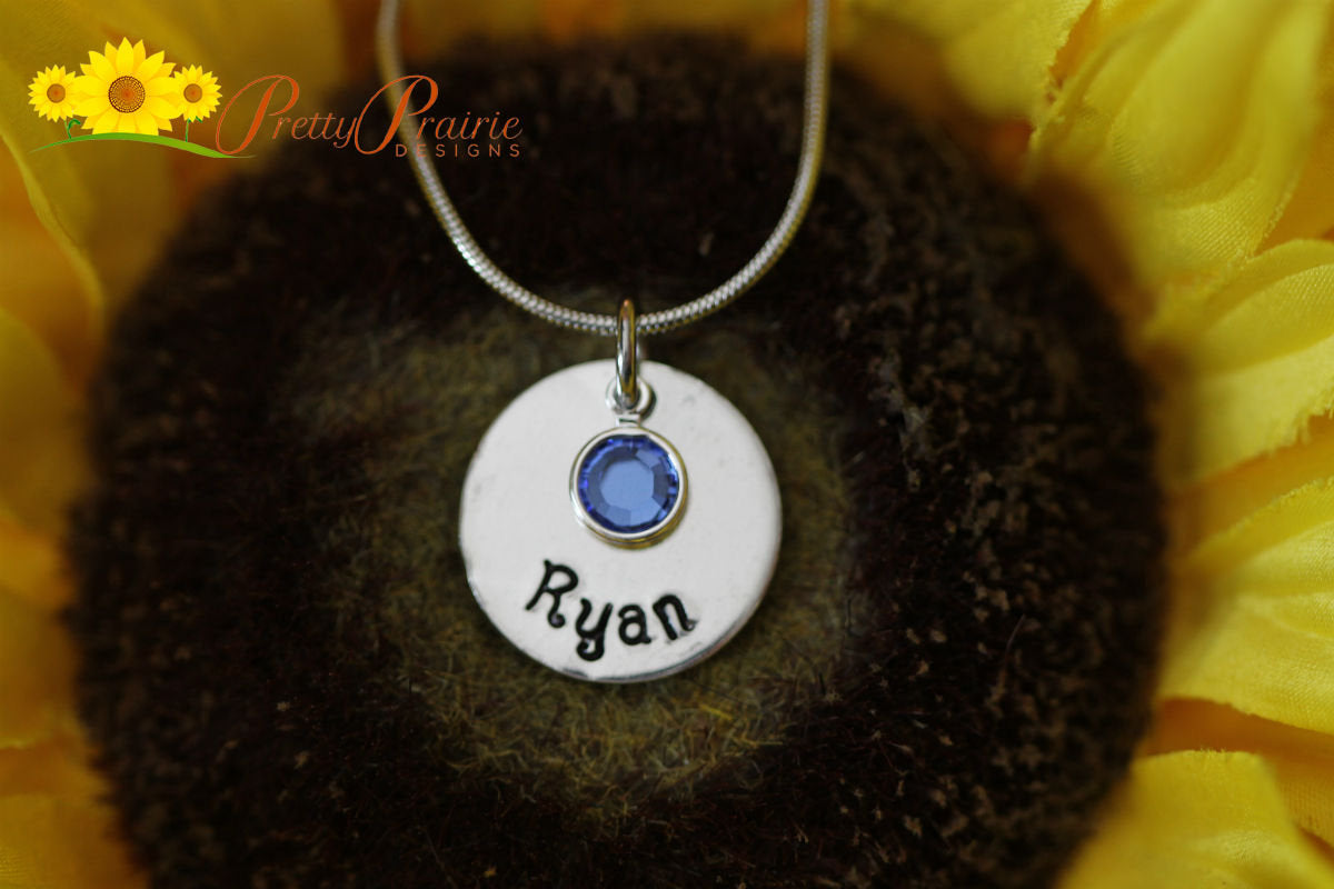 Round Name Disc Jewelry, Bezel Birthstone, Everyday Children's Necklace, Dainty Necklace, Hand Stamped Necklace, Kid's Jewelry, Teen Gift