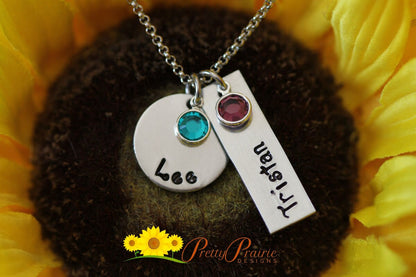 Personalized Disc and Bar Necklace, Children's Name, Engagement, BFF Gift, Birthstones, Anniversary, Hand Stamped, Mother's Day, Twins Gift