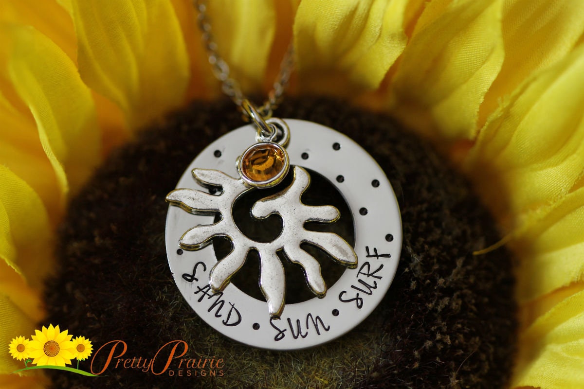 Sand Sun Surf Necklace, Beach Jewelry, Sun Charm, Washer Necklace, Summer Necklace, Surfer Girl Jewelry, Adventure Jewelry, Teen Gift