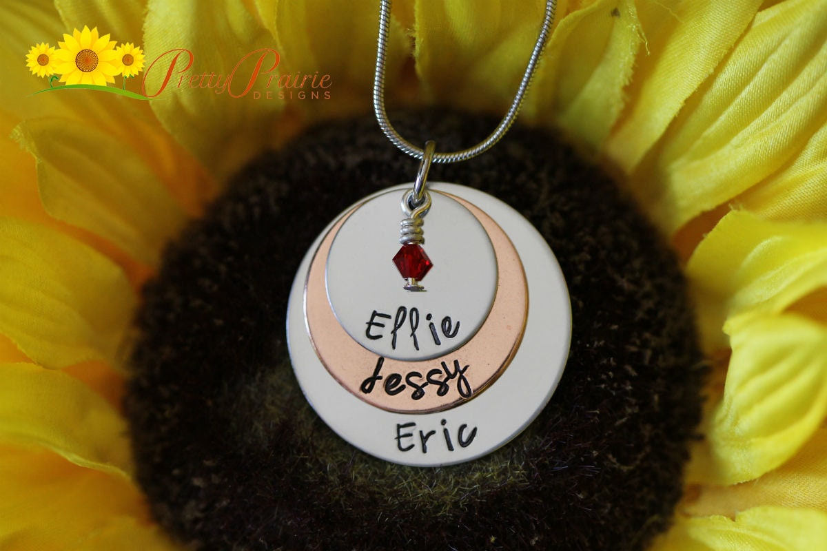 Triple Stacked Disc Necklace, Mixed Metal, Personalized Jewelry, Mother's Day Gift, Children's Names, Family Members Necklace, Hand Stamped