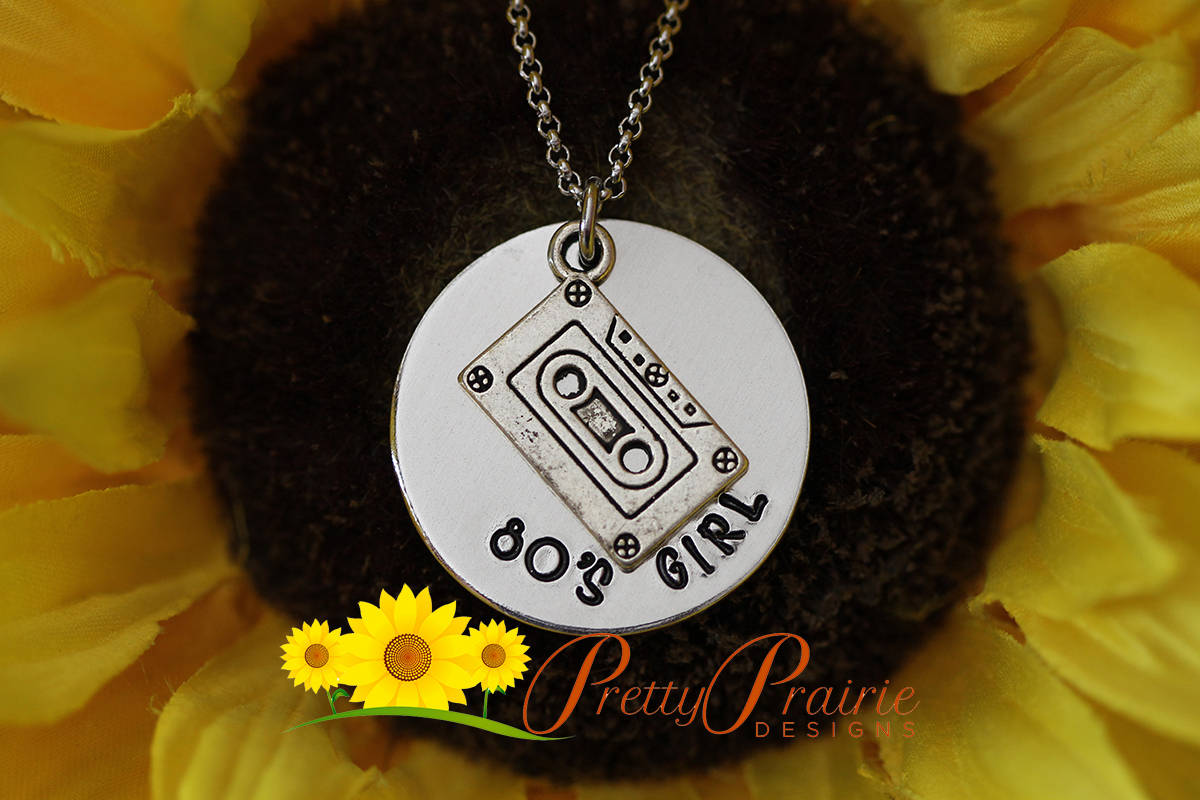 80's Girl Necklace, Love the 80s, Valley Girl, Hand Stamped, Audio Cassette Charm Necklace, Custom, Born in the 80's Jewelry, Retro Jewelry