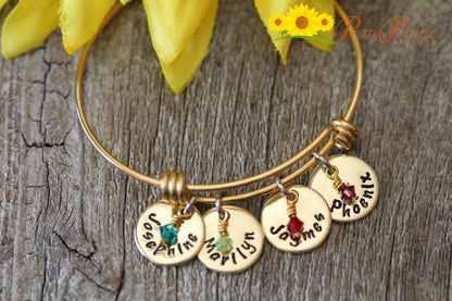 Gold Personalized Bangle, Mother's Brass Charm Bracelet, Expandable, Hand Stamped, Gift for a New Mom, Grandmother Gift, Birthstone Bracelet