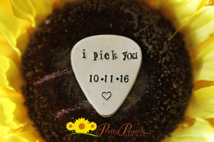 I Pick You Guitar Pick, Personalized Musician Gift, Hand Stamped, Guitar Player Present, Guitar Lover Gift, Metal Guitar Pick, Musical Token