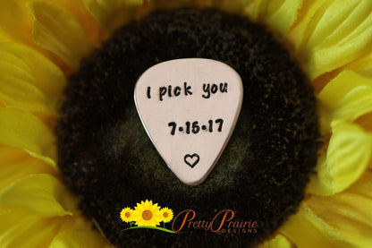 I Pick You Guitar Pick, Personalized Musician Gift, Hand Stamped, Guitar Player Present, Guitar Lover Gift, Metal Guitar Pick, Musical Token