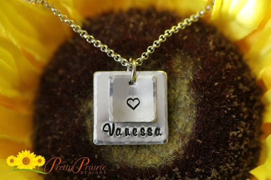 My Heart Square Necklace, Metal Jewelry, Personalized Child's or Boyfriend's Name, Hand Stamped, Birthday for Little Girls, Teen Gift
