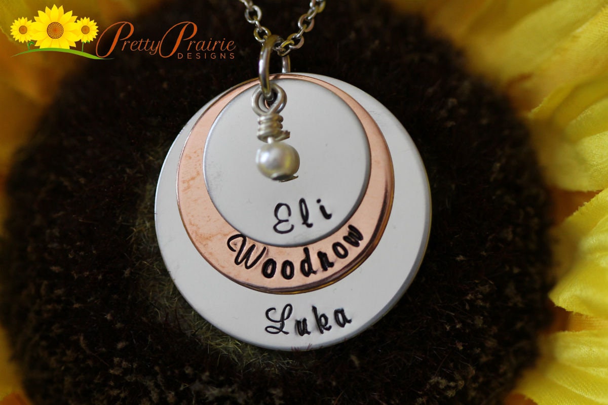 Triple Stacked Disc Necklace, Mixed Metal, Personalized Jewelry, Mother's Day Gift, Children's Names, Family Members Necklace, Hand Stamped