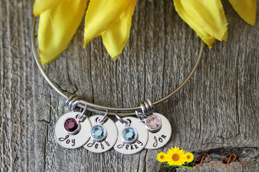 Stainless Steel Personalized Bangle, Mom Bracelet, Birthday Gift, Adjustable Charm Bracelet, Birthstone, Grandmother Gift, Mother's Day Gift