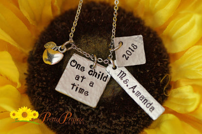 One Child at a Time Teacher Necklace, Personalized, Hand Stamped, Student Teacher, Teacher Retirement, First Day of School, Teacher Keychain