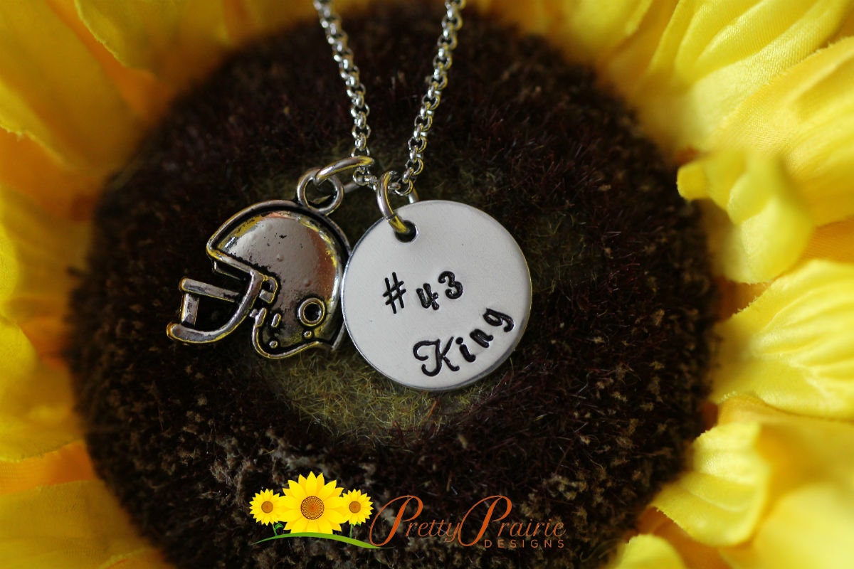 Football Helmet Necklace, Personalized, Girlfriend Gift, Hand Stamped, Powder Puff Football, Football Mom or Dad Gift, Football Keychain