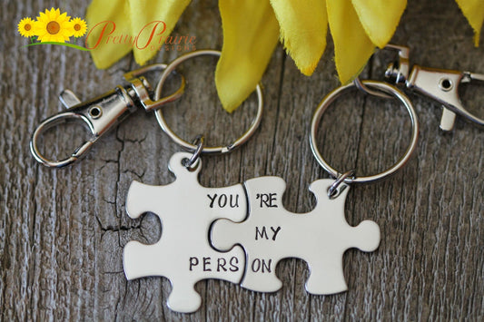 You're My Person Puzzle Piece Keychains, Set of 2, Hand Stamped, Personalized, Couples Gift, BFF Gift, Anniversary Present, His and Her Gift