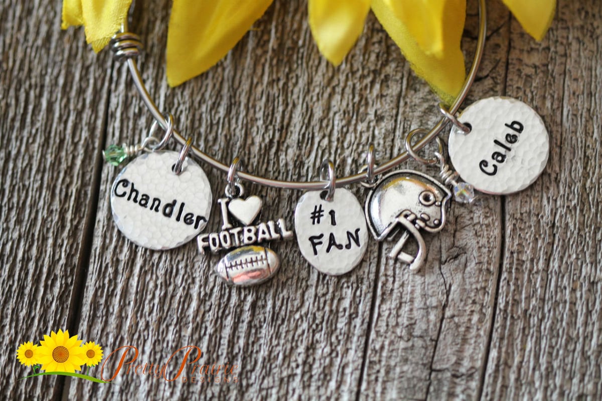 Personalized Football Bangle, Football Mom Gift, Custom Sports Jewelry, Girlfriend Gift, Football Charm Bracelet, #1 Fan Gift, Hand Stamped