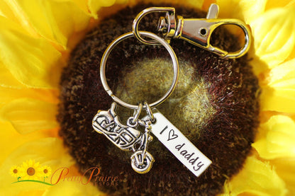 I Love Daddy Motorcycle Keychain, Motorcycle Dad, Keyring for Dad or Grandpa, Hand Stamped Keychain, Father's Day Gift, Harley Dad or Papa