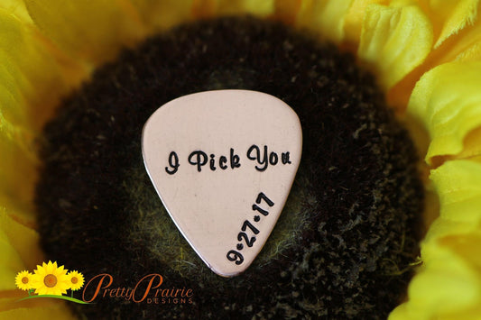 I Pick You Dated Guitar Pick, Hand Stamped Metal Pick, Unique Guitar Accessory, Musician Present, Anniversary, Valentine's Day, Music Token