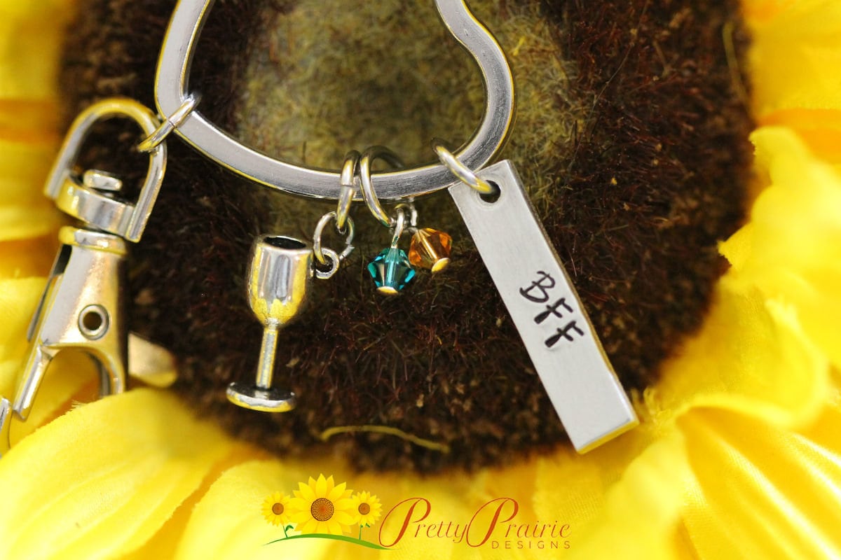 BFF Wind Glass Keychain, Best Friend Gift, Wine Charm, Wine Lover Gift, Birthstones, Hand Stamped, Stainless, Custom Present