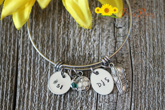 Initial Soccer Bangle, Soccer Mom Gift, Soccer Girlfriend, Sports Jewelry, Custom Charm Bangle, Soccer Bracelet, Personalized, Hand Stamped