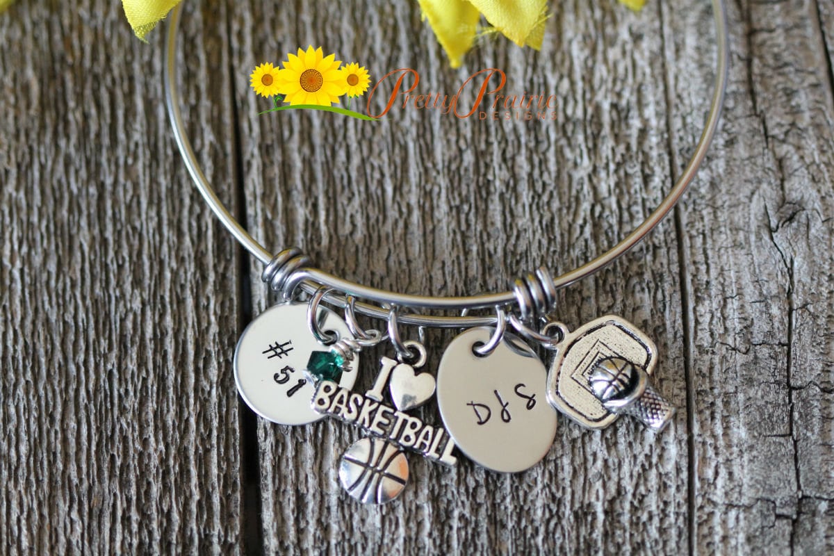 Initial Basketball Bangle, Basketball Mom Gift, Basketball Girlfriend, Sports Jewelry, Hand Stamped, Basketball Bracelet, Personalized