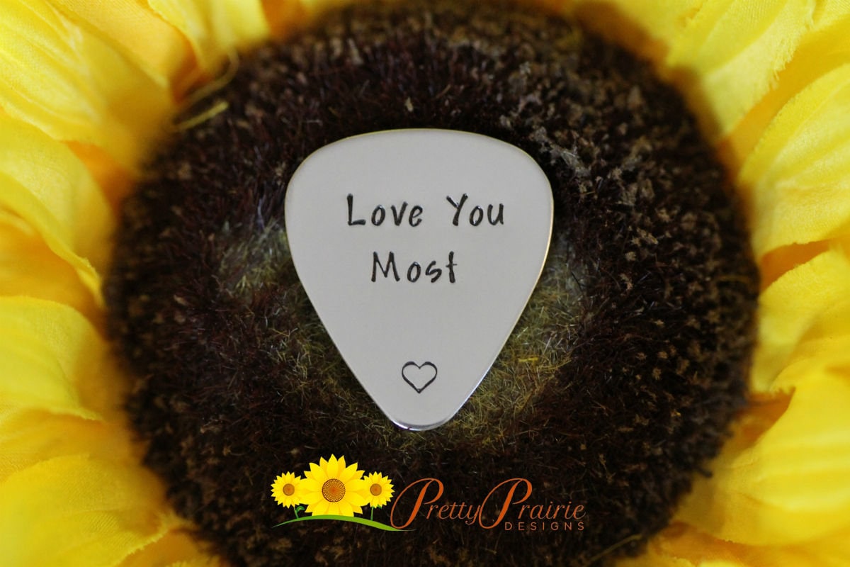 Love You Most Guitar Pick, Valentine Gift, Hand Stamped, Initial Pick, Musical Token, Anniversary Present, Promise Gift, Guitarist Present