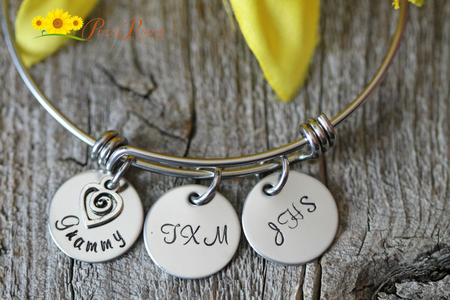 Grandmother Bangle, Hand Stamped, Personalized, Silver Bangle Bracelet, Grandchildren Names, Initials, Heart Charm, New Grandmother Gift