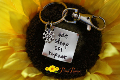 Eat Sleep Ski Repeat Keychain, Ski Keychain, Hand Stamped, Gift for a Skier, Winter Sport Gift, I Love to Ski Present, Snowflake Charm