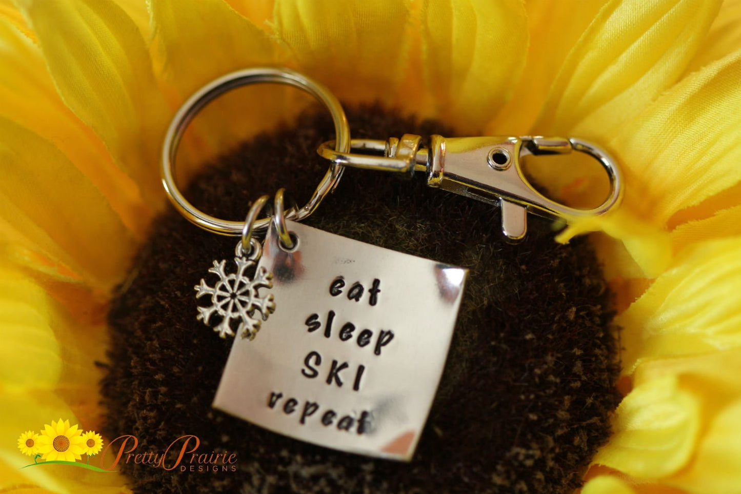 Eat Sleep Ski Repeat Keychain, Ski Keychain, Hand Stamped, Gift for a Skier, Winter Sport Gift, I Love to Ski Present, Snowflake Charm