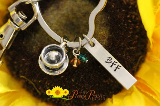 BFF Coffe Cup Keychain, Best Friend Gift, Coffe Charm, Coffe Lover Gift, Love Latte, Birthstones, Hand Stamped, Stainless, Custom Present