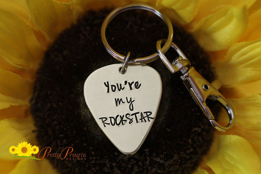 You're My Rockstar Pick Keychain, Anniversary Gift, Fiancé Gift, Hand Stamped Guitar Pick Gift, Music Lover Present, Birthday for Musician