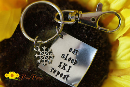 Eat Sleep Ski Repeat Keychain, Ski Keychain, Hand Stamped, Gift for a Skier, Winter Sport Gift, I Love to Ski Present, Snowflake Charm