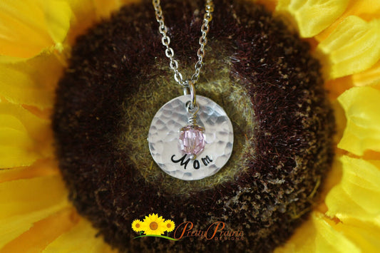 Hammered Mom Necklace, New Mom Gift, Hand Stamped, Birthstone, Mom or Grandma Jewelry, Mother's Day Gift, Dainty Pendant Jewelry, Metal Disc