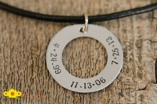 Washer Date Necklace, Personalized Gift for Mom or Dad, Children's Birthdays, Hand Stamped, Custom Anniversary Necklace, Boyfriend Necklace