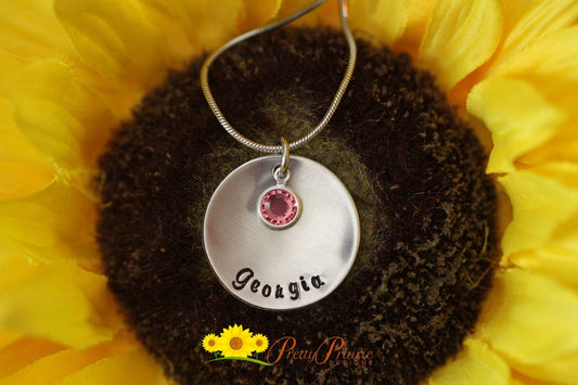 Personalized Domed Necklace, Bezel Birthstone, Children's Necklace, Hand Stamped Name Jewelry, Gift for Woman, Teen Gift, Teen Birthday