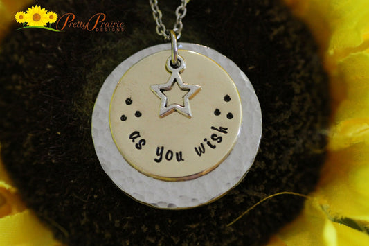 As You Wish Necklace, Hand Stamped, Layered Discs, Star Necklace, Mixed Metal Discs, Birthday Necklace, Girlfriend Gift, Anniversary Gift