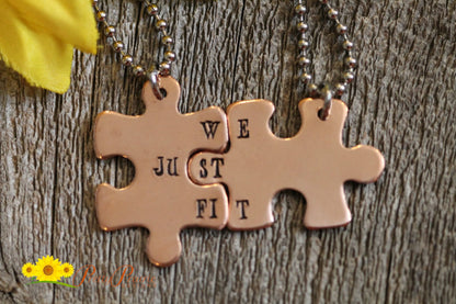 We Just Fit Puzzle Piece Necklace Set, Hand Stamped, Valentine's, Couples Gift, Boyfriend or Girlfriend Gift, Engagement, Anniversary Gift