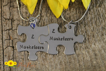 Musketeer Puzzle Piece Necklace Set, Hand Stamped, BFF Puzzle Piece Gift, Sisters, Mother Daughter Jewelry, Sorority Sisters Necklace Set