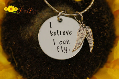 I Believe I Can Fly Necklace, Inspirational Jewelry, Hand Stamped, Custom Jewelry, Angel Wing Necklace, Birthday Necklace, Graduation Gift