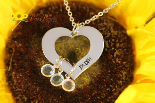 Mother's Heart Washer Necklace, Mom Jewelry, Grandmother Gift, Birthstones, Hand Stamped, Stainless Heart, Birthday or Mother's Day Gift