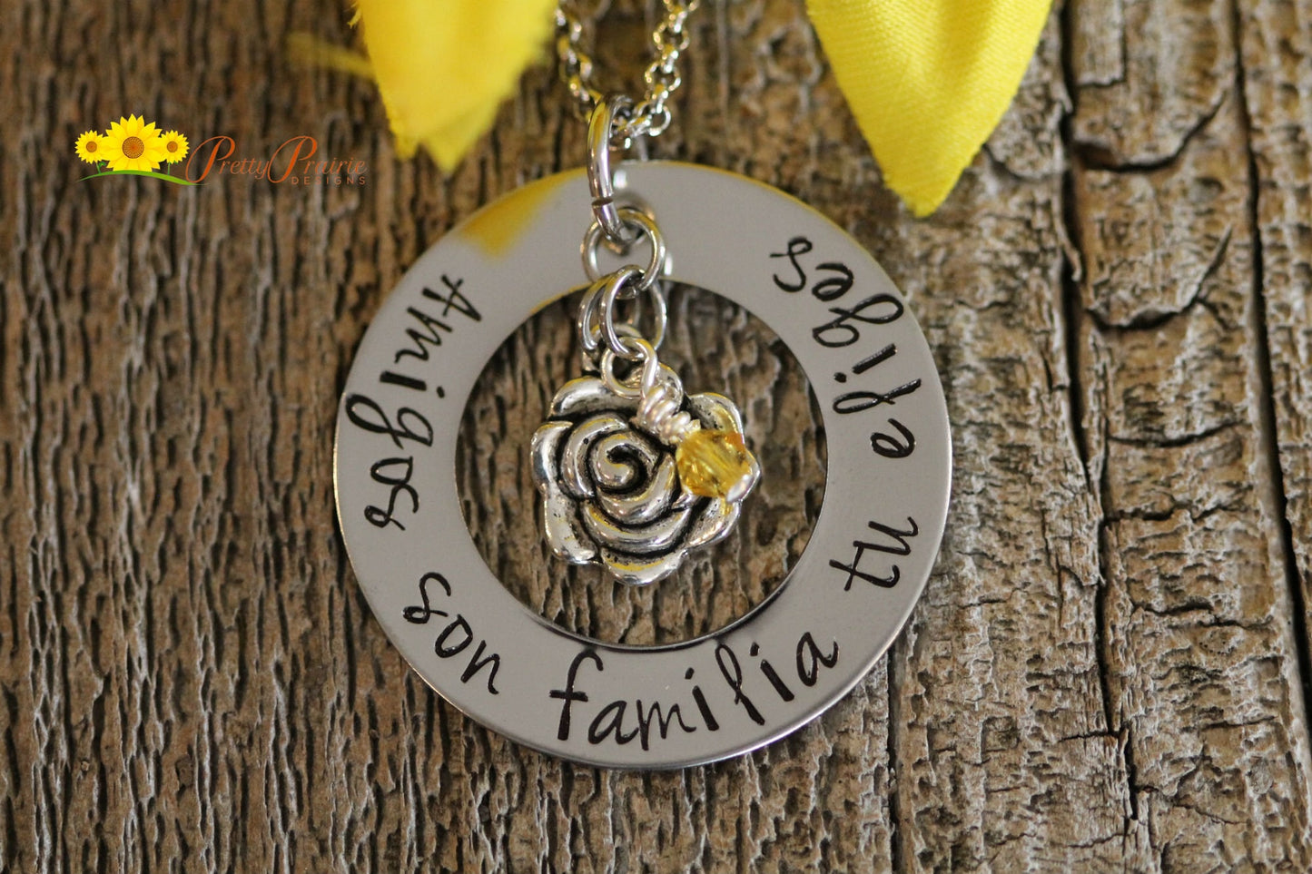 Amigos Son Familia Necklace, Friends are Family You Choose Necklace, Washer Jewelry, Rose Charm, Gift for a Friend, Sorority Sisters Gift