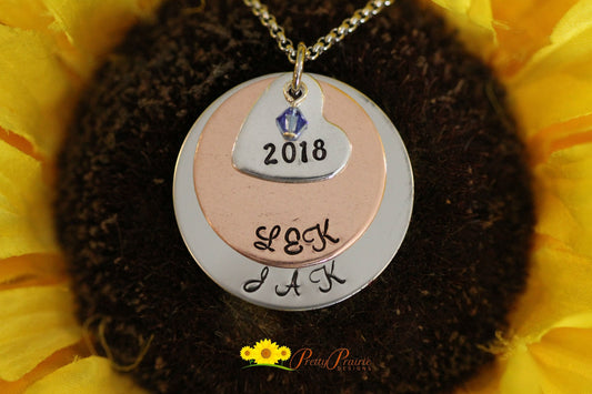 Initial Stacked Promise Necklace, Gift for Bride, Mixed Metal, Mom of Twins Gift, Anniversary, Girlfriend Gift, Hand Stamped, Stacked Discs